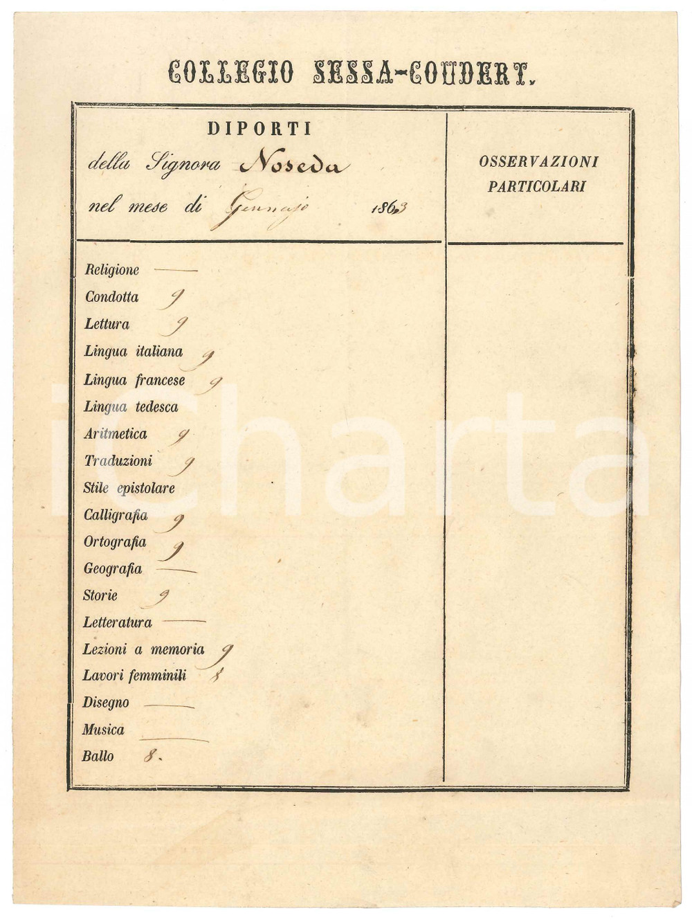 Documento originale, autentico Gennaio 1863 MILANO  Collegio SESSA  COUDERT  Diporti Lia NOSEDA  Pagella 1