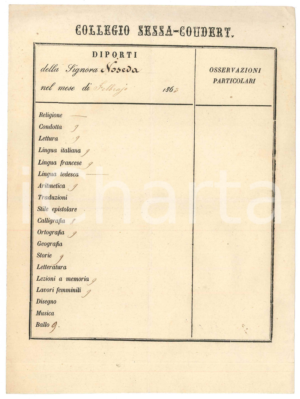 Documento originale, autentico Febbraio 1863 MILANO  Collegio SESSA  COUDERT  Diporti Lia NOSEDA  Pagella 1