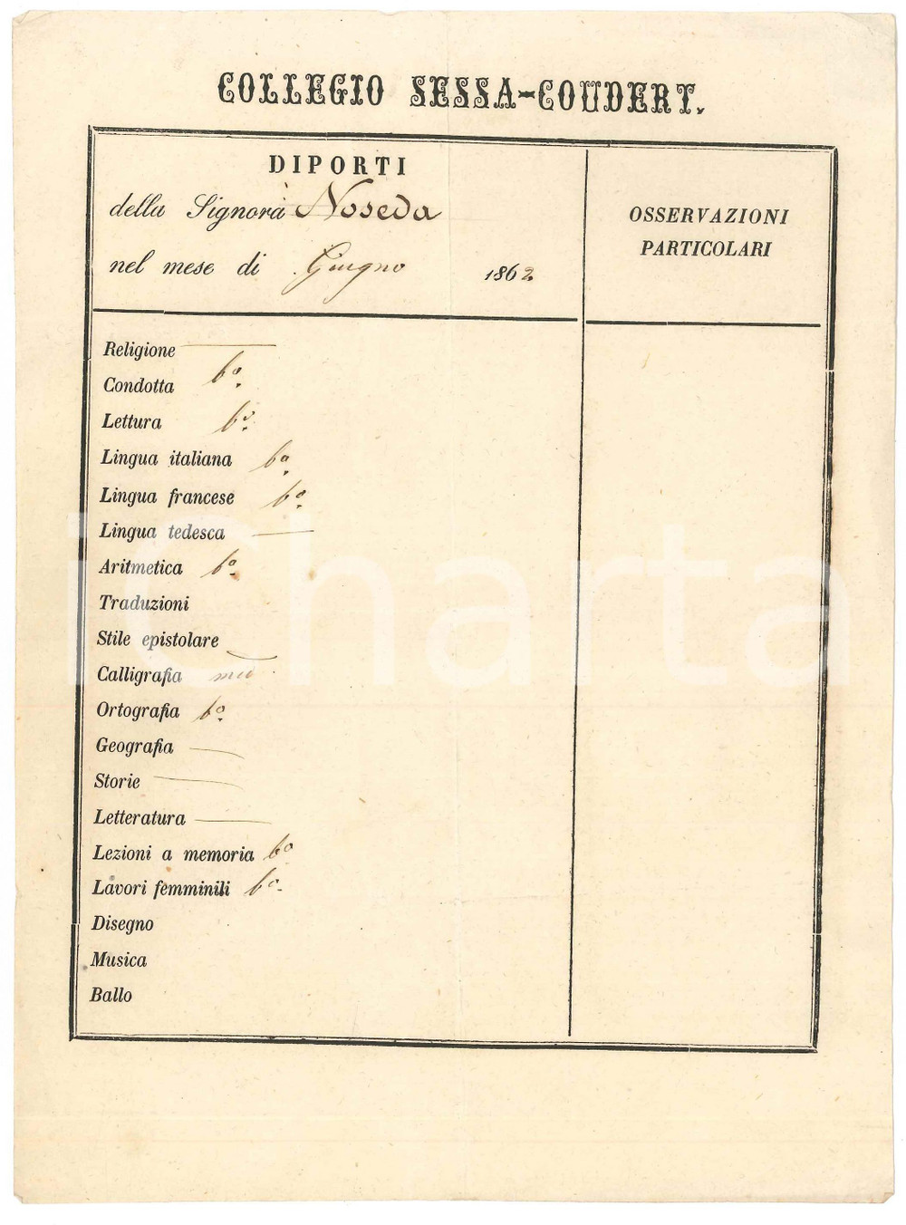 Documento originale, autentico Giugno 1862 MILANO  Collegio SESSA  COUDERT  Diporti Lia NOSEDA  Pagella 1