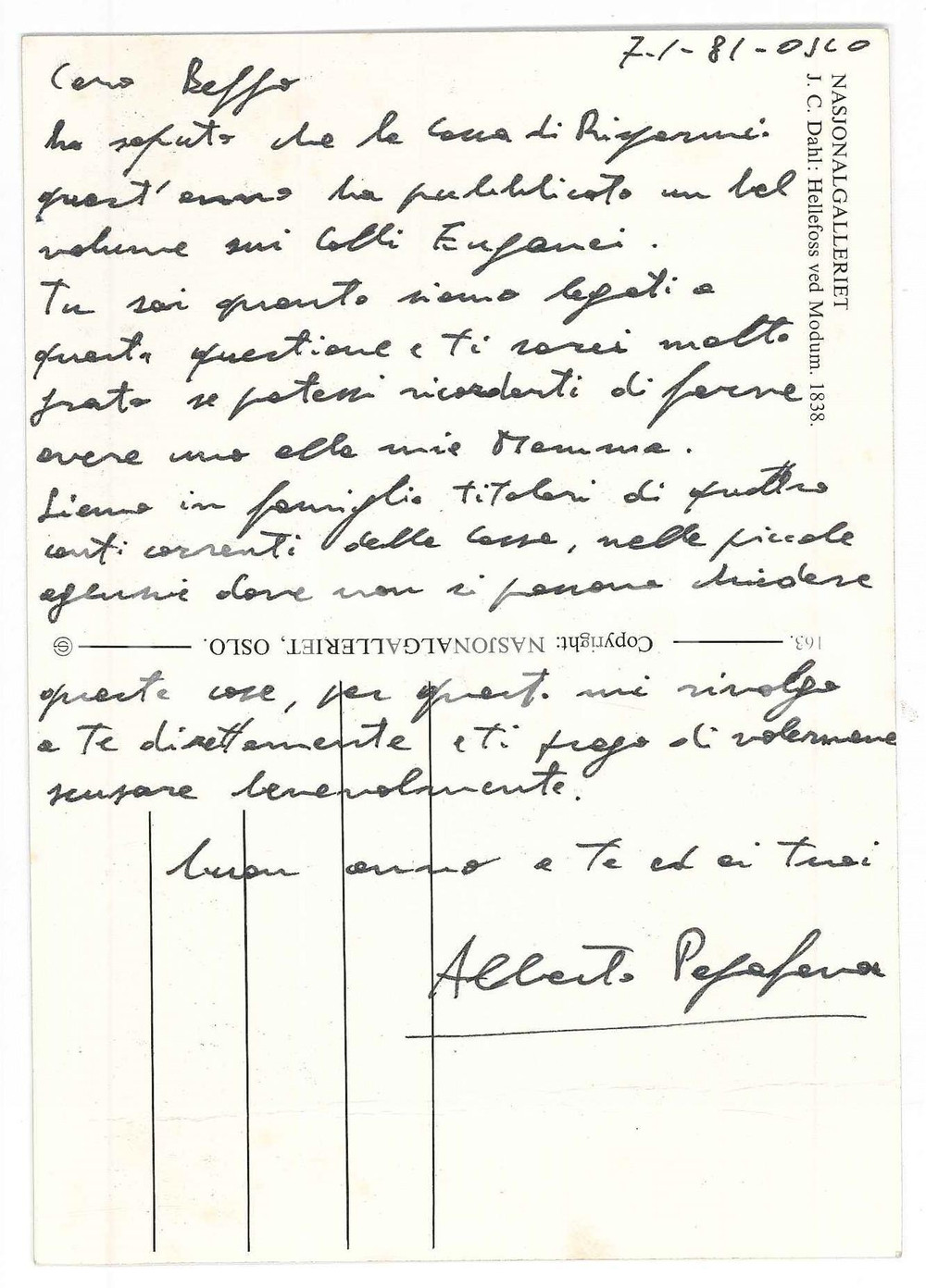 Autografo originale 1981 OSLO Cartolina Alberto PAPAFAVA DEI CARRARESI  Autografo 1