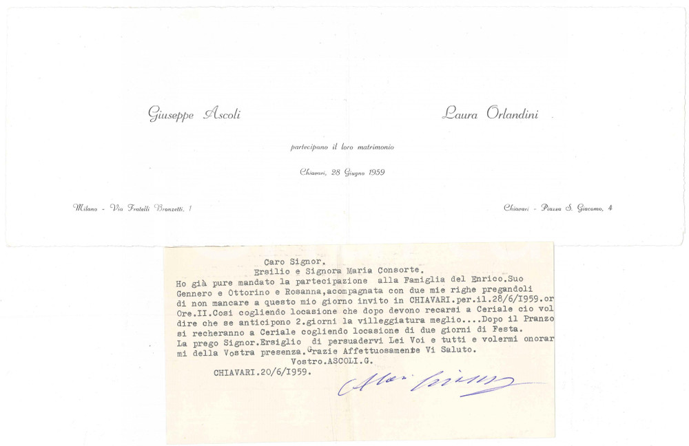 Oggetto da collezione cartaceo 1959 CHIAVARI GE Nozze Giuseppe ASCOLI  Laura ORLANDINI  Partecipazione 1