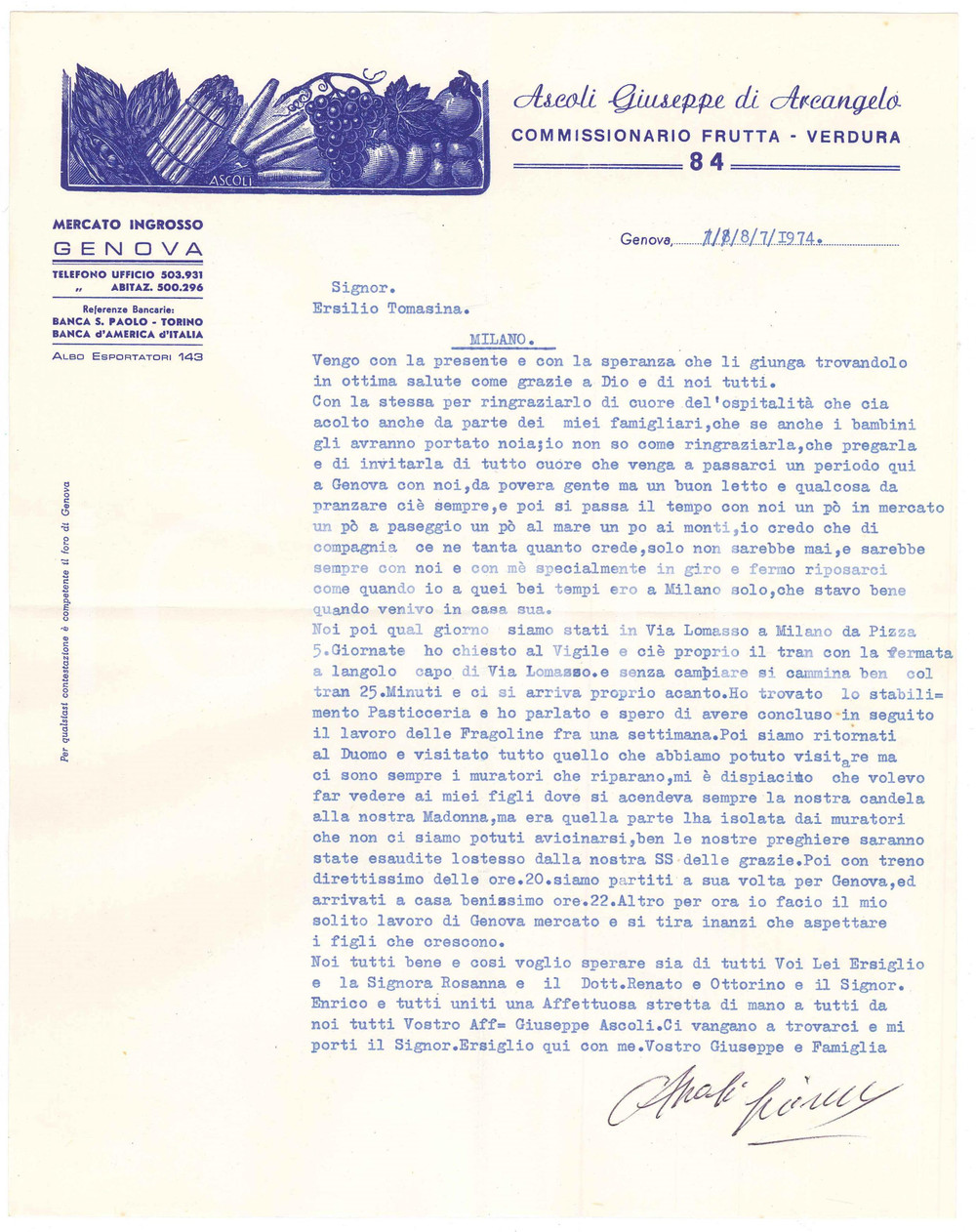 Manoscritto, lettera originale 1974 GENOVA  Giuseppe ASCOLI Commissionario fruttaverdura Lettera 1