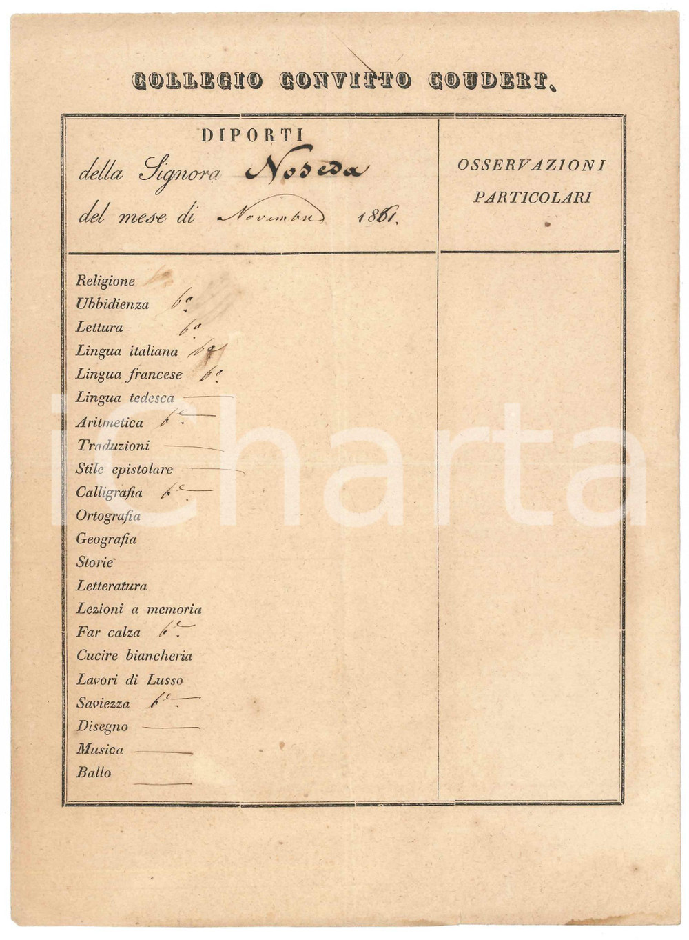 Documento originale, autentico Novembre 1861 MILANO  Collegio Convitto COUDERT  Diporti Lia NOSEDA  Pagella 1