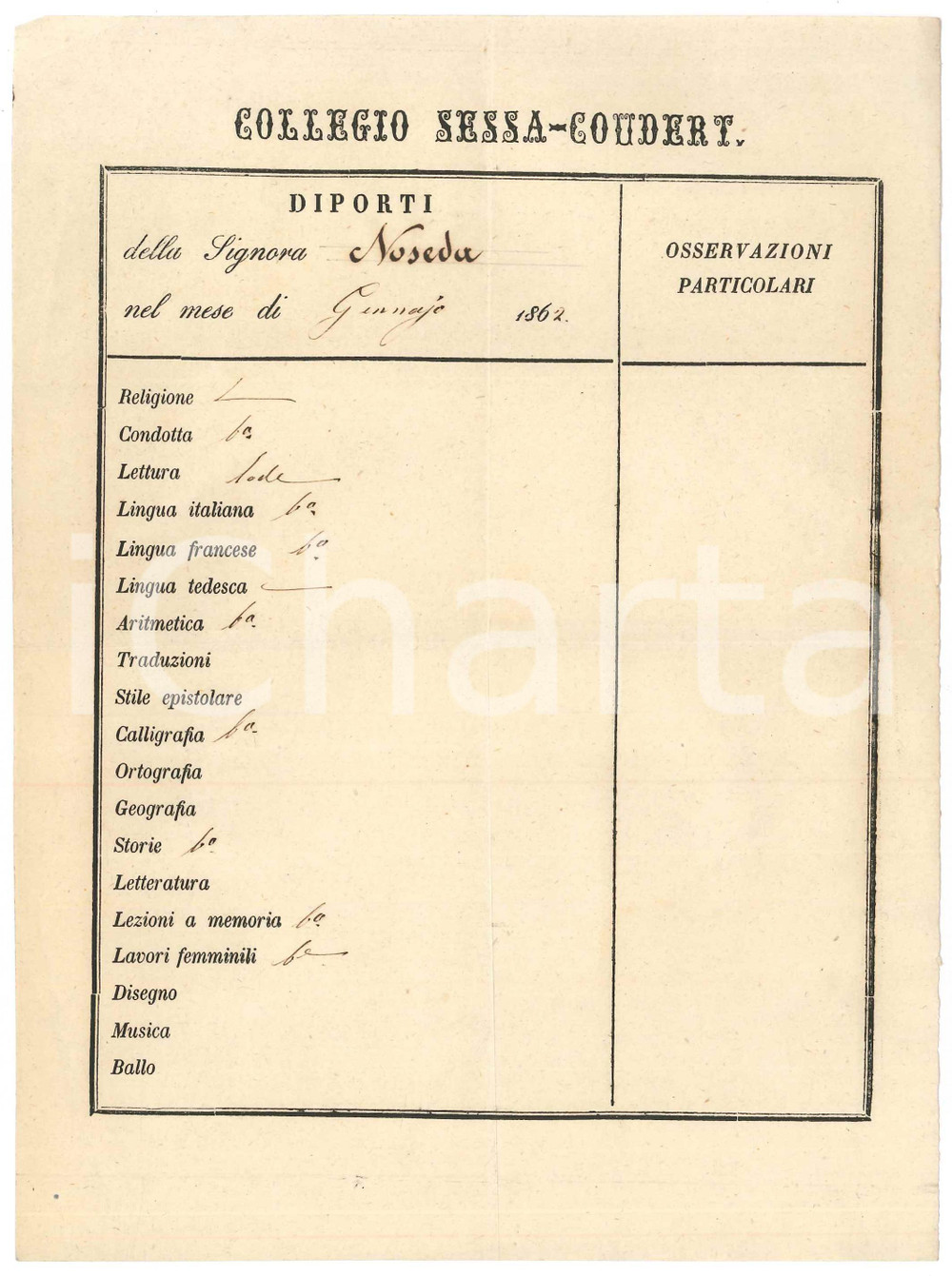 Documento originale, autentico Gennaio 1862 MILANO  Collegio SESSA  COUDERT  Diporti Lia NOSEDA  Pagella 1
