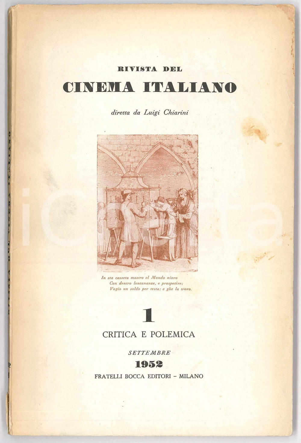 1952 RIVISTA DEL CINEMA ITALIANO Roberto Rossellini - Cinema a bordo *Anno I nÂ°1 Rivista di cinema, originale d'epoca, diretta da Luigi Chiarini.Anno I n&deg; 1, dicembre.PAGINE: 83 FAIR/discreto buone condizioni interne, ma piegature e macchie in copertina Formato: 15x23 cm originale e autentica 1