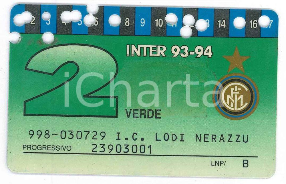 Oggetto da collezione cartaceo 1993/1994 MILANO Stadio San Siro INTER Tessera del tifoso 2 verde  8x5 cm 1