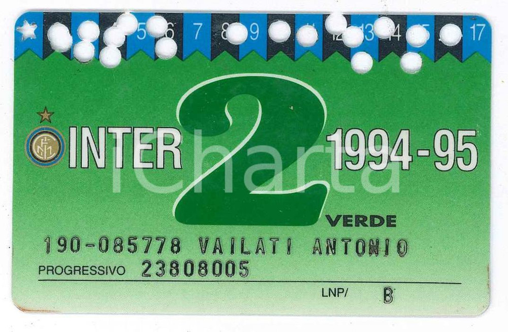1994/1995 MILANO Stadio San Siro INTER Tessera del tifoso 2 verde - 8x5 Tessera originale.  FAIR/discreto Fiori da obliterazione FORMATO: 8x5 cm originale e autentica 1