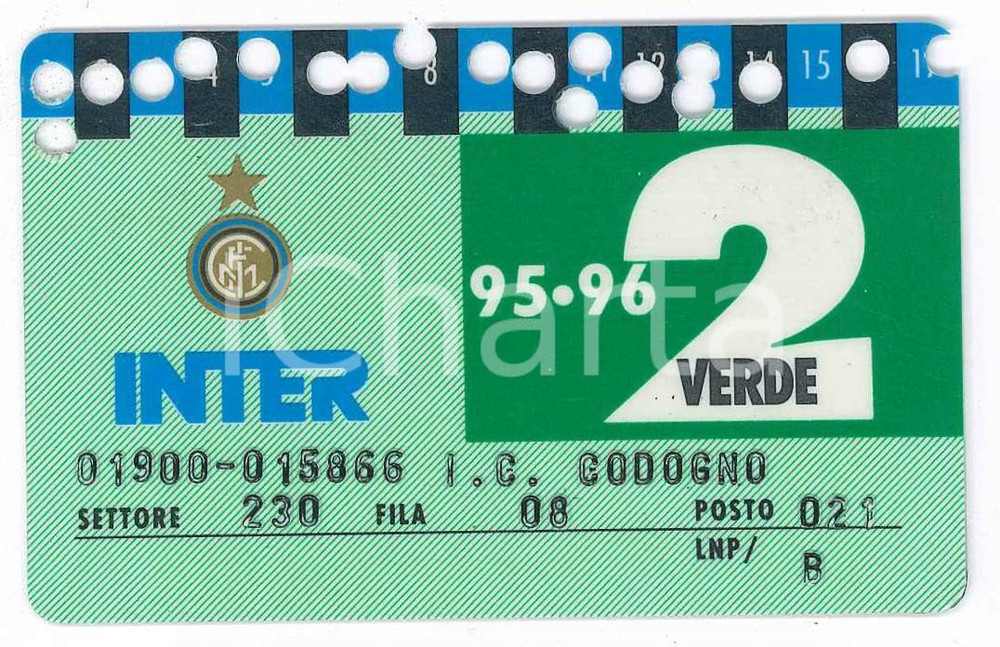 Oggetto da collezione cartaceo 1995/1996 MILANO Stadio San Siro INTER Tessera del tifoso 2 verde  8x5 cm 1 1