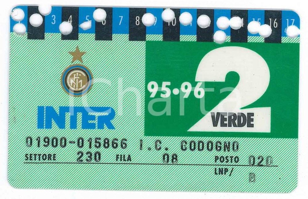 Oggetto da collezione cartaceo 1995/1996 MILANO Stadio San Siro INTER Tessera del tifoso 2 verde  8x5 cm 1