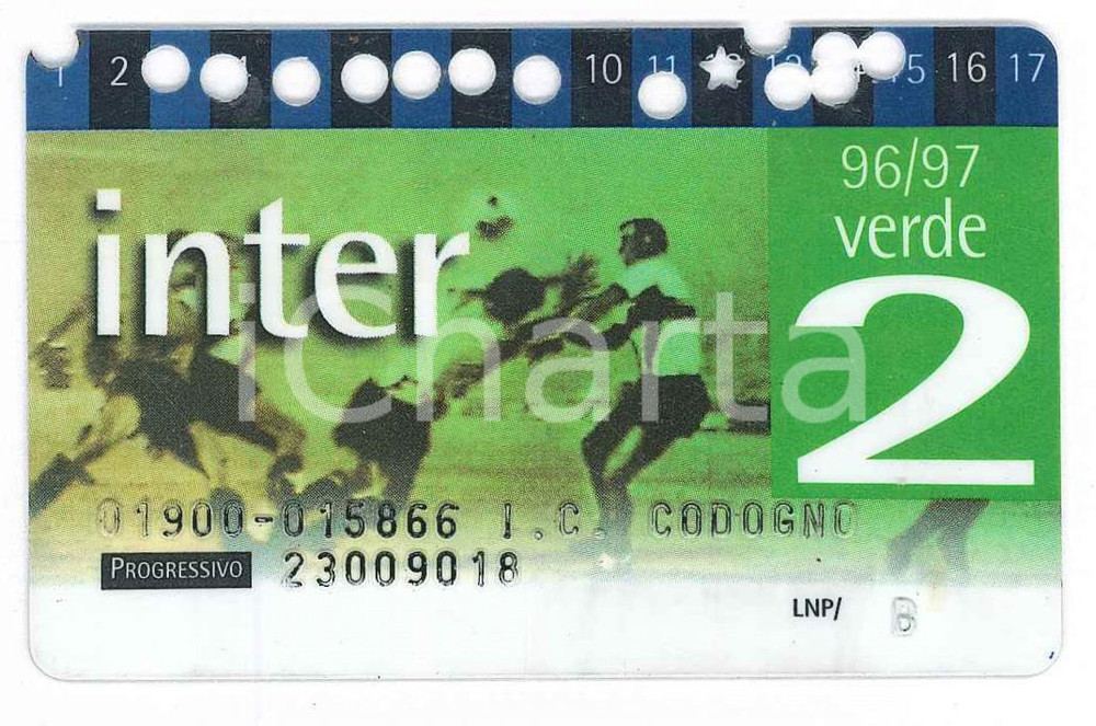 Oggetto da collezione cartaceo 1996/1997 MILANO Stadio San Siro INTER Tessera del tifoso 2 verde  8x5 cm 1