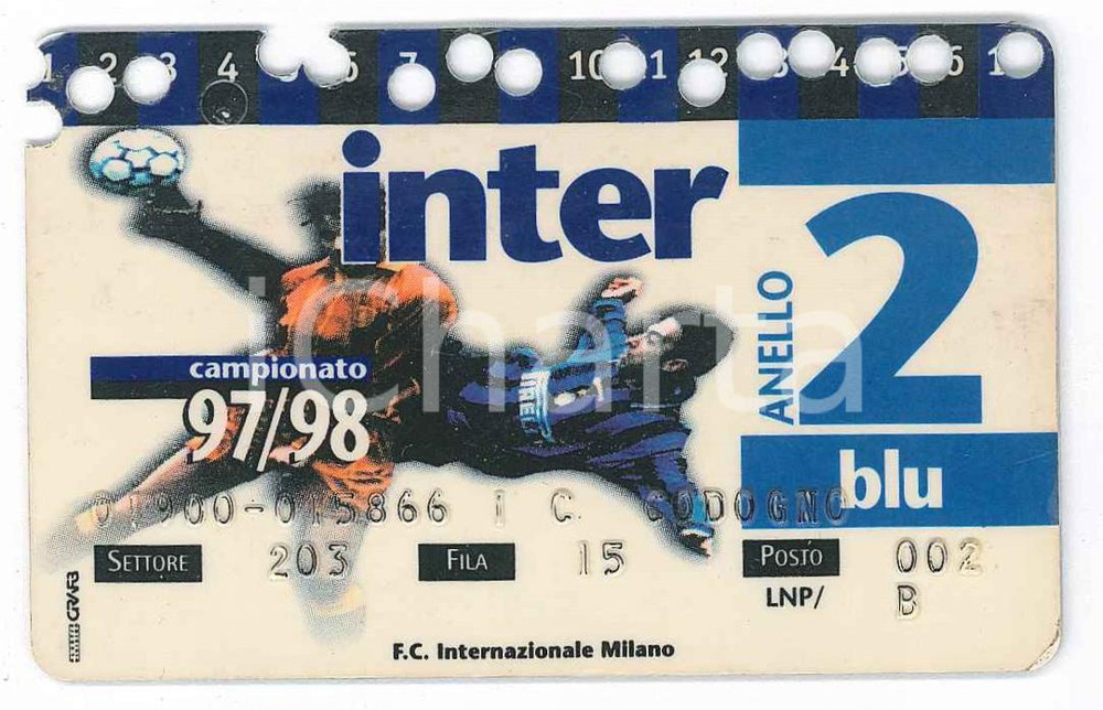 Oggetto da collezione cartaceo 1997/1998 MILANO Stadio San Siro INTER Tessera del tifoso  Anello 2 blu 3 1