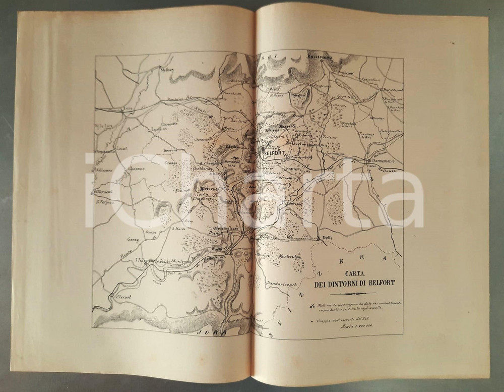 1893 SCUOLA DI GUERRA Guerra franco-prussiana - Dintorni di BELFORT 1870 *Mappa Mappa originale d'epoca, a stampa, realizzata per il corso di Storia militare presso la Scuola di Guerra (anno scolastico 1893-1894).La mappa &egrave; relativa alla guerra franco-prussiana (1870-71).   FAIR/discreto piegature d'epoca FORMATO: 43x31 cm originale e autentica 1