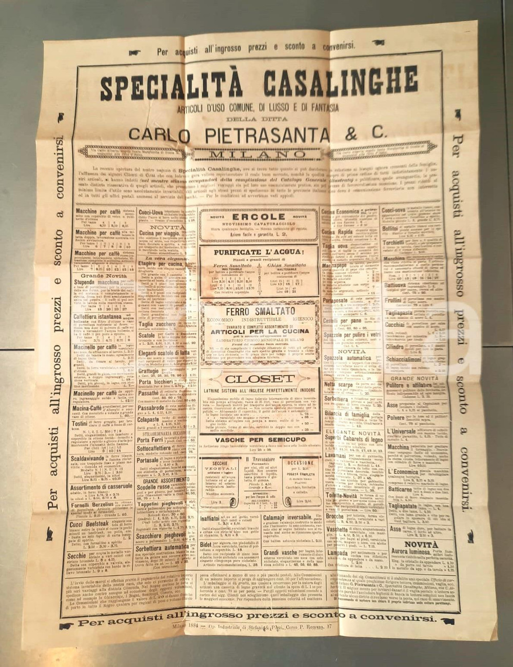 Documento originale, autentico 1884 MILANO  Ditta Carlo PIETRASANTA SpecialitÃ  casalinghe Manifesto 1