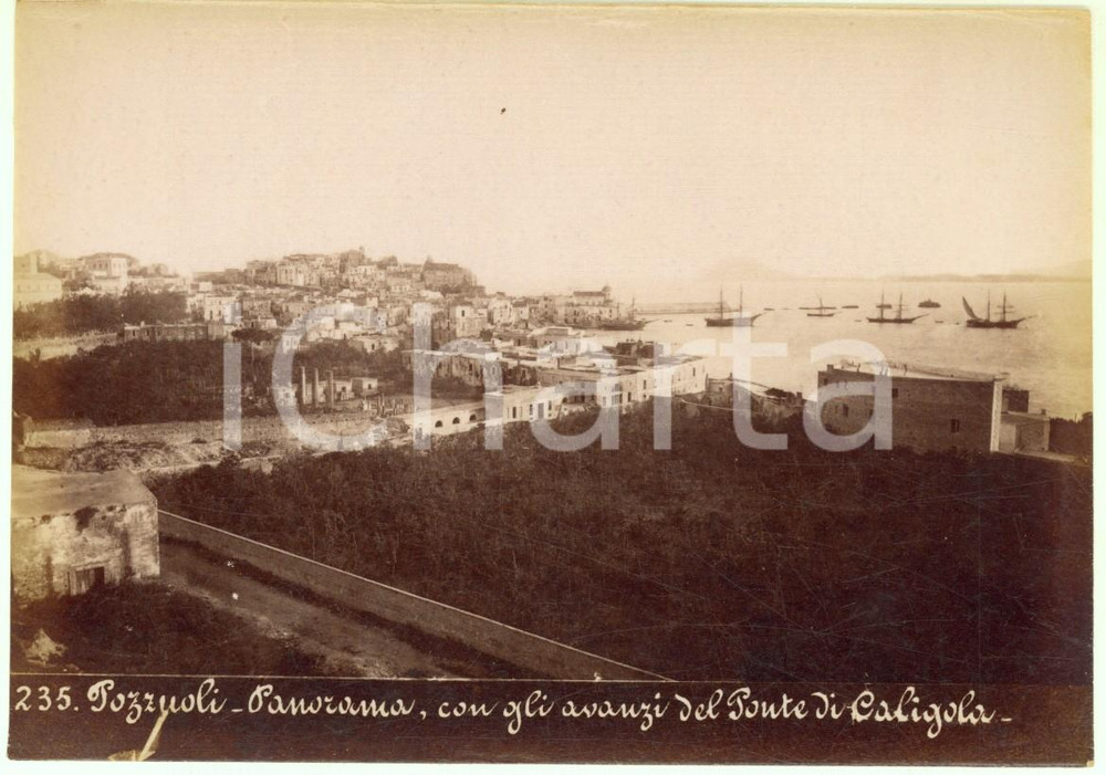 Fotografia d epoca originale 1890 ca POZZUOLI Panorama con avanzi del Ponte di Caligola Foto Achille MAURI 1