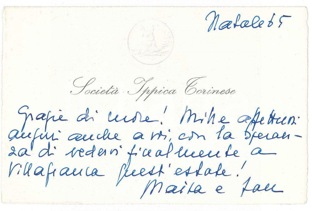 1965 SOCIETÀ IPPICA TORINESE Biglietto Emiliano e Maria Luisa VIALARDI Autografo