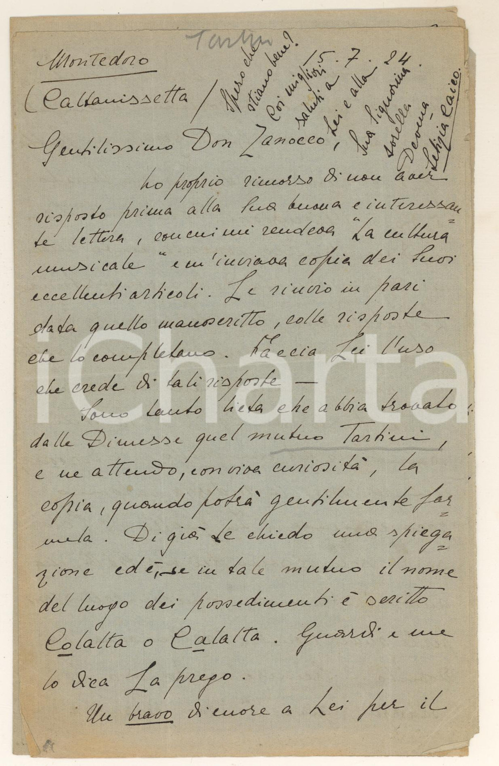 Autografo originale 1930 ca MONTEDORO Lettera Letizia CAICO su celebrazioni TARTINI Autografo 1