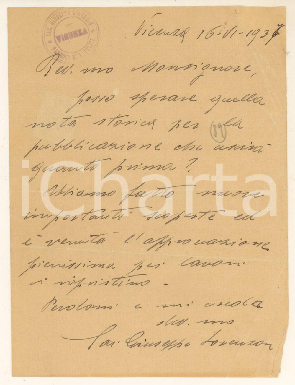 1937 VICENZA Lettera don Giuseppe LORENZON per nota storica *AUTOGRAFO