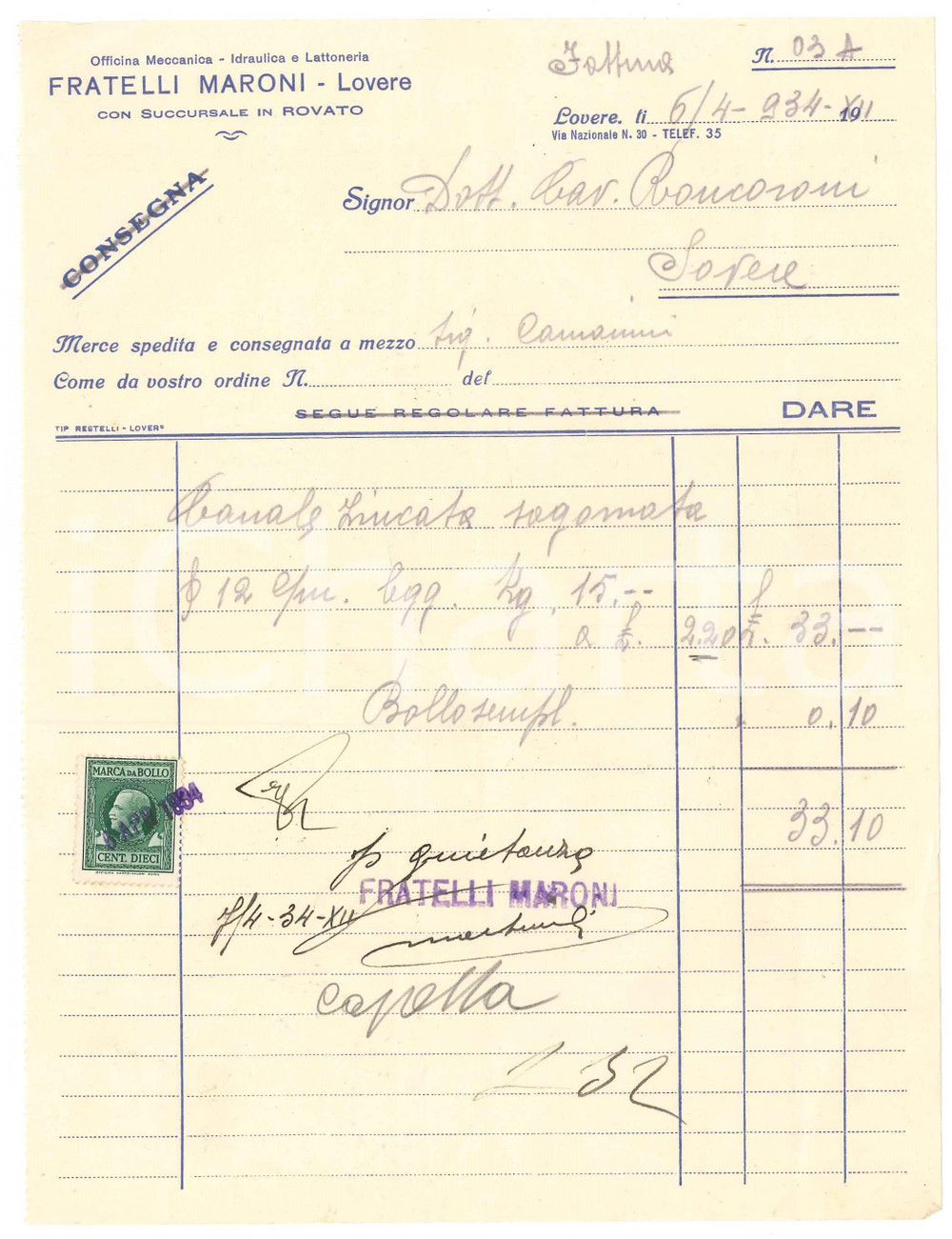 Documento originale, autentico 1934 LOVERE Lattoneria FRATELLI MARONI Fattura per canale zincato 17x22 cm 1