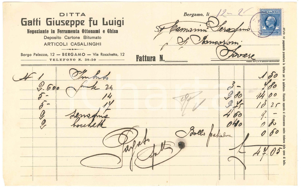 Documento originale, autentico 1925 ca BERGAMO Borgo Palazzo  Ferramenta Giuseppe GATTI fu Luigi  Fattura 1