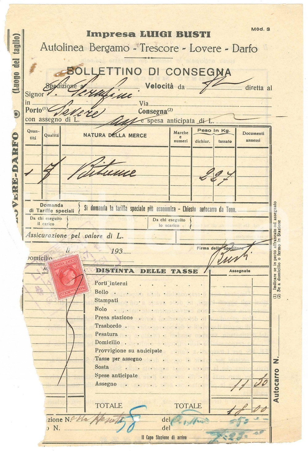 Documento originale, autentico 1930 ca IMPRESA LUIGI BUSTI Autolinea BERGAMO Trescore LOVERE Darfo  Ricevuta 1