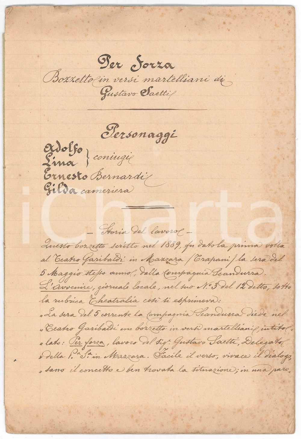 Manoscritto, lettera originale 1900 ca TEATRO Gustavo SAETTI Per forza  Bozzetto INEDITO 20 pp. 1