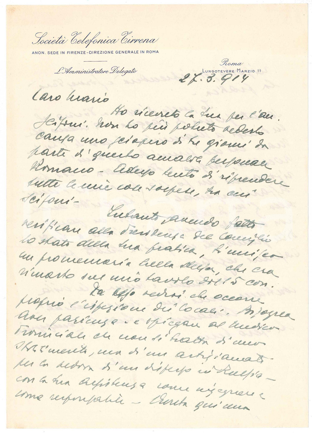 Manoscritto, lettera originale 1914 ROMA Lettera su carta intestata SocietÃ  Telefonica Tirrena 1 1