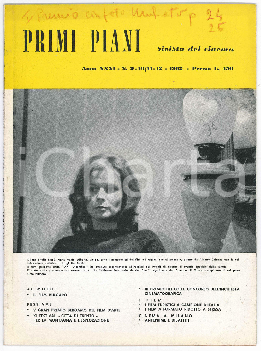 Giornale, rivista storica 1962 PRIMI PIANI Anno XXXI n.910/1112 I ragazzi che si amano  Alberto CALDANA 1