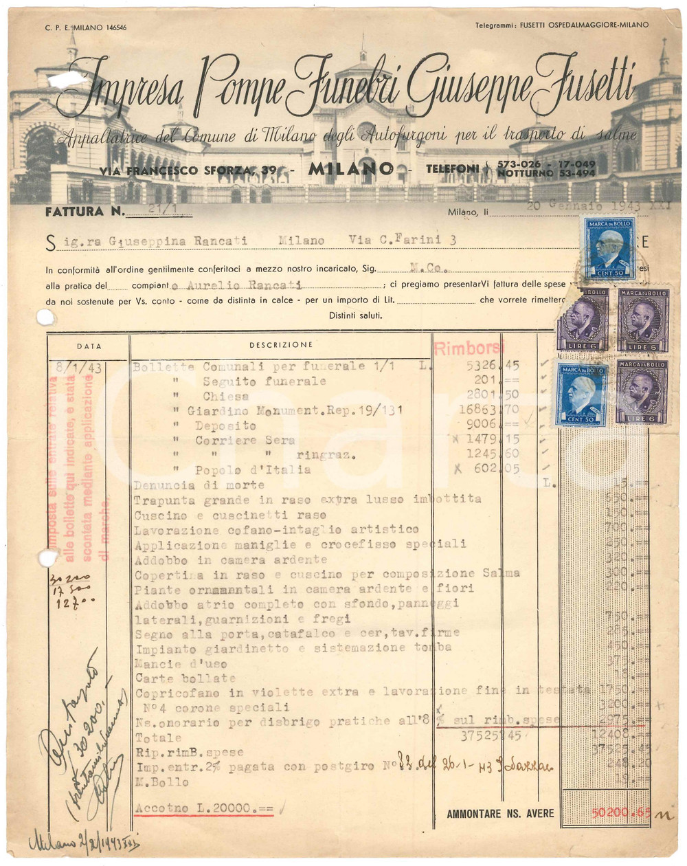 Documento originale, autentico 1943 MILANO Via F. Sforza 39  Pompe funebri Giuseppe FUSETTI Fattura 22x28 cm 1