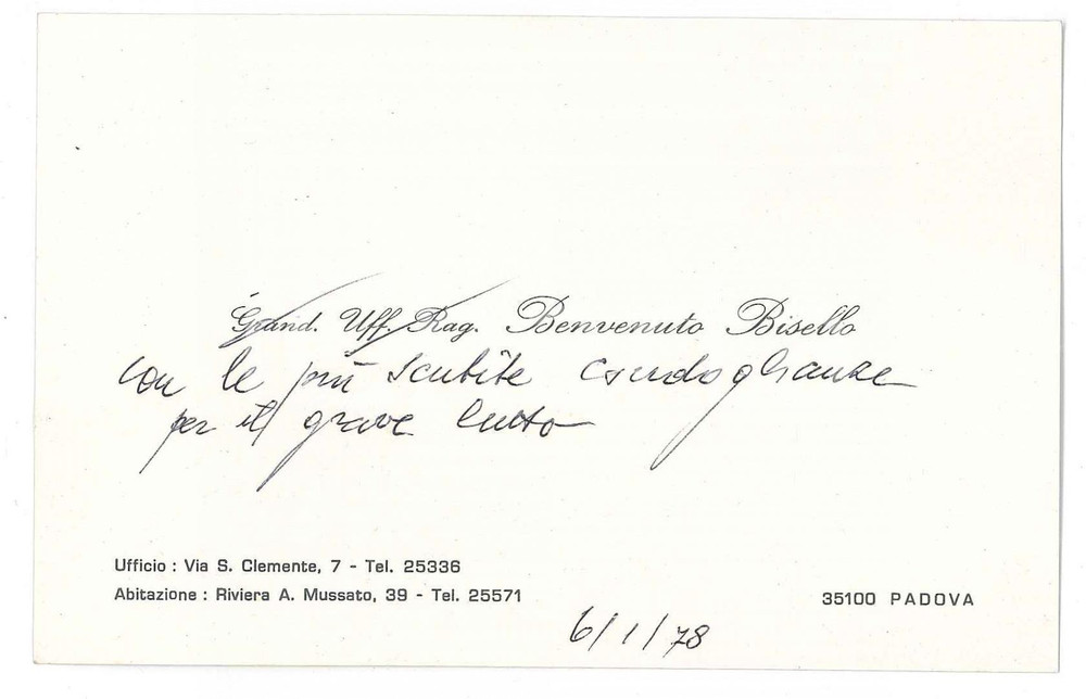 Autografo originale 1978 PADOVA Benvenuto BISELLO imprenditore  Biglietto da visita AUTOGRAFO 1