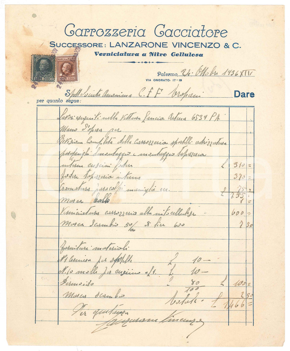 Documento originale, autentico 1936 PALERMO Carrozzeria Cacciatore di Vincenzo Lazzarone Fattura LANCIA ASTURA 1