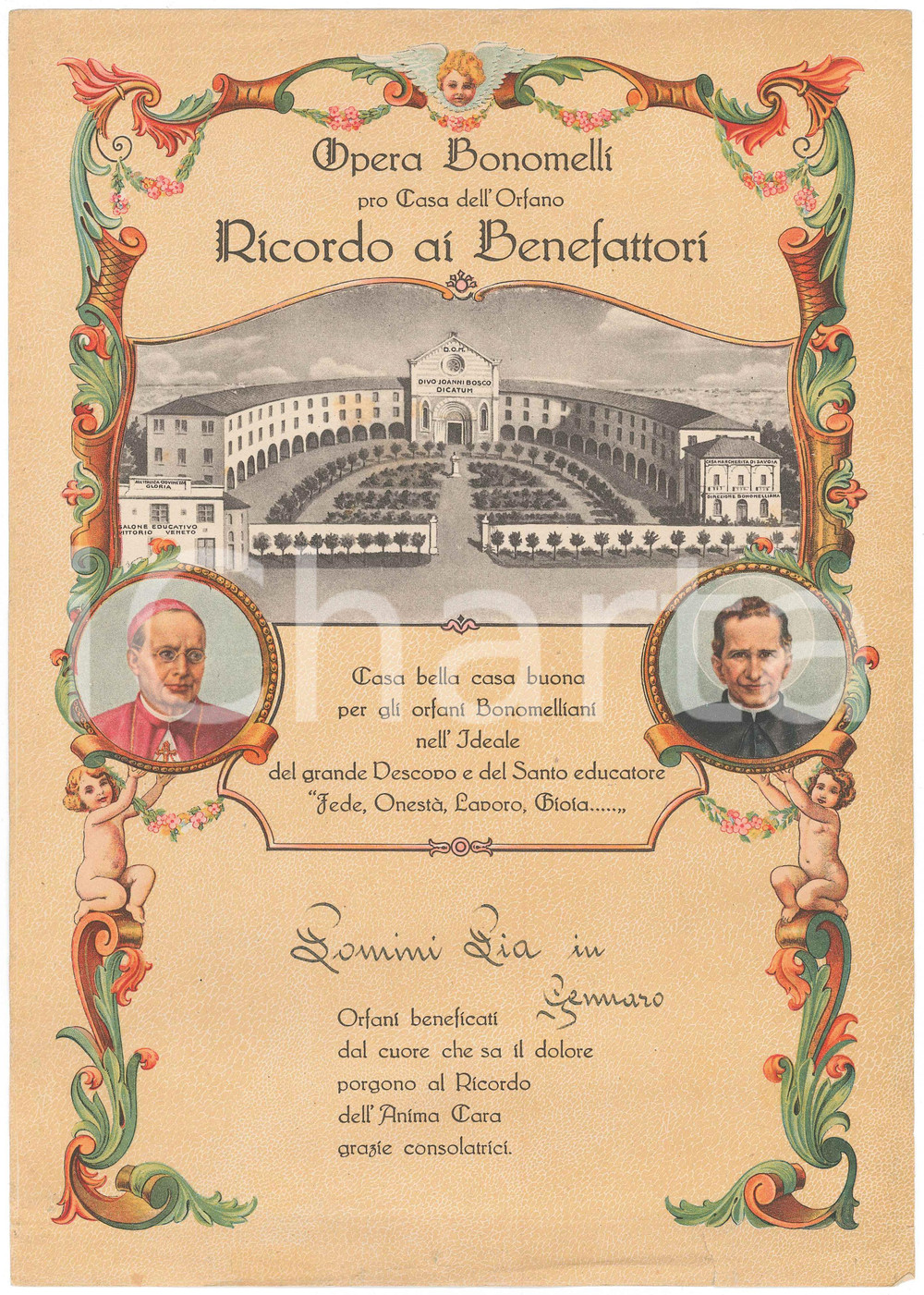 Oggetto da collezione cartaceo 1950 ca OPERA BONOMELLI Pro casa dell orfano  Ricordo ai benefattori 24x33 cm 1