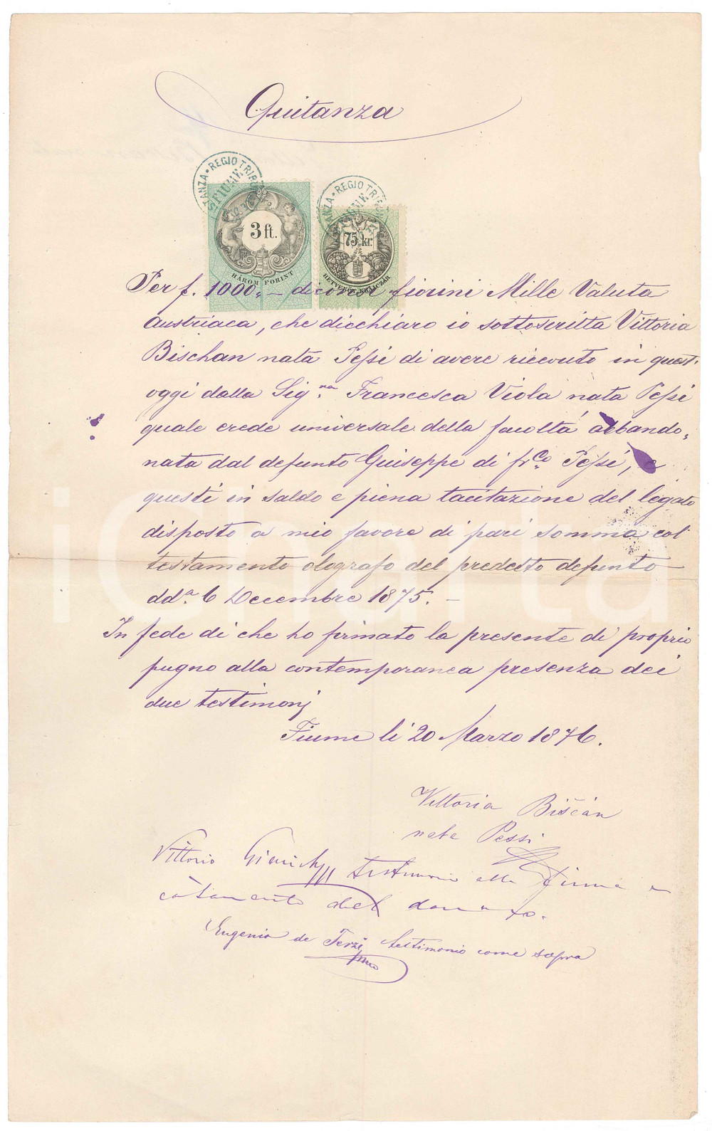 Documento originale, autentico 1876 FIUME Impero Asburgico Quietanza Vittoria BISCHAN per legato PESSI 1