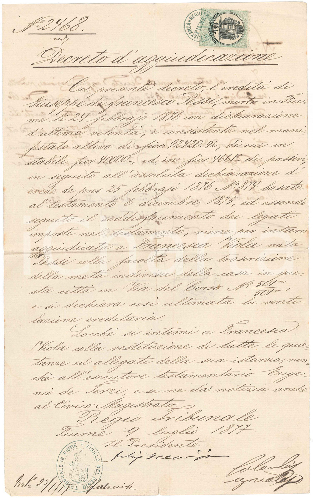 1877 FIUME (Impero Asburgico) Decreto aggiudicazione eredità di Giuseppe PESSI
