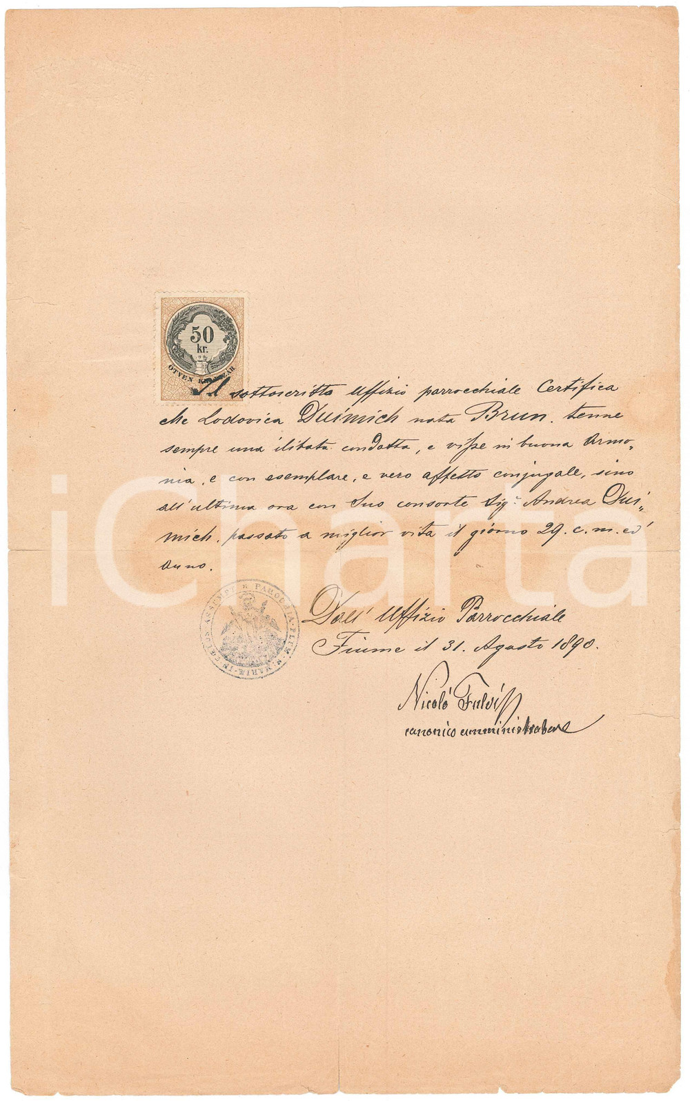 Documento originale, autentico 1890 FIUME Parrocchia Maria Assunta  Certificato moralitÃ  Lodovica DUIMICH 1