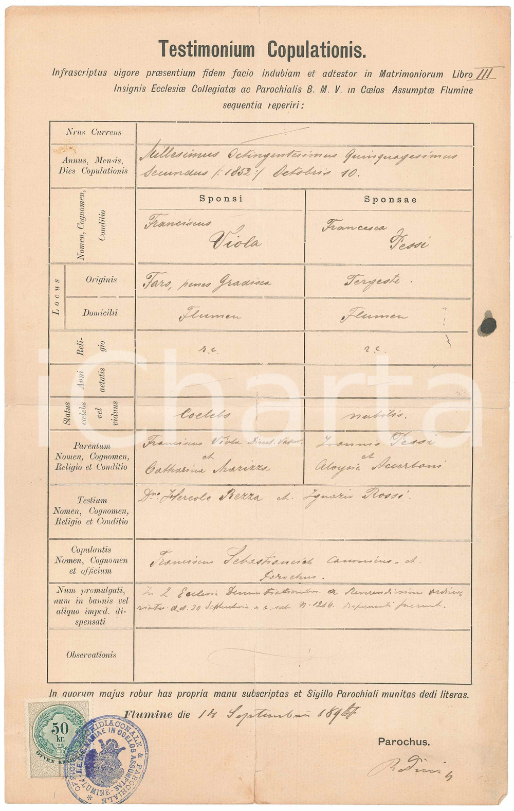 Documento originale, autentico 1852 FIUME Parrocchia Maria Assunta  Nozze Francesco VIOLA Francesca PESSI 1