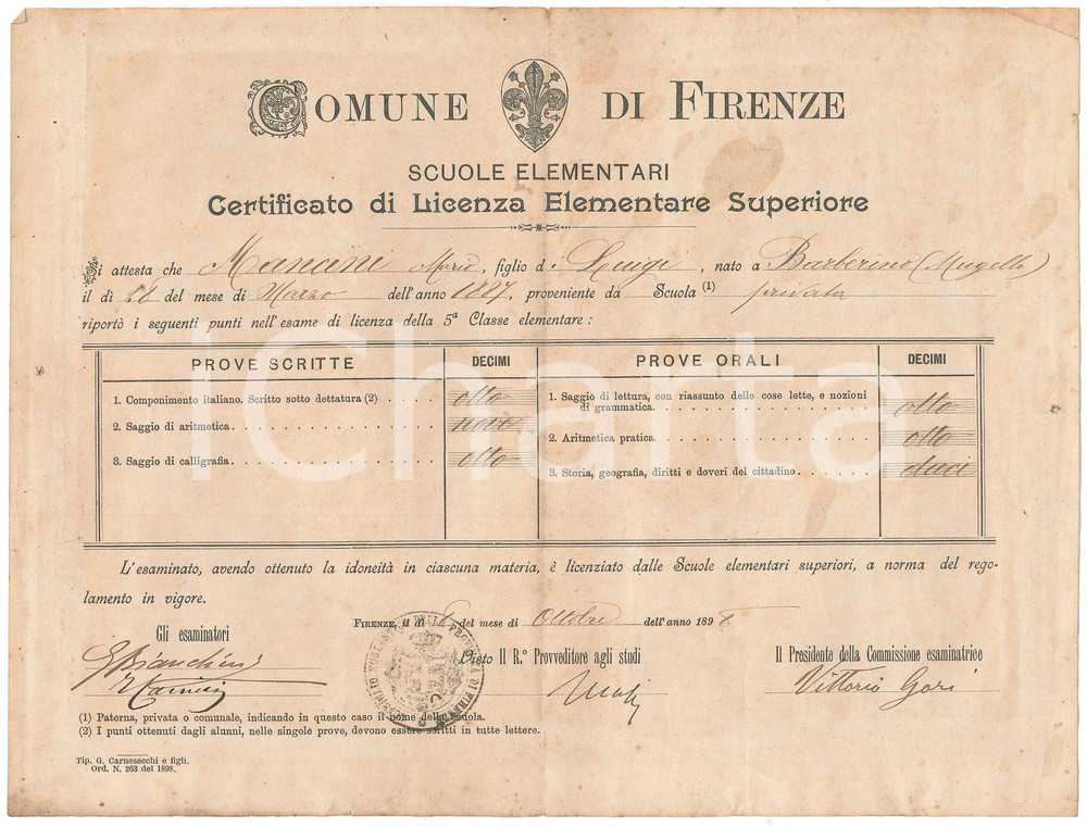 Oggetto da collezione cartaceo 1898 FIRENZE  SCUOLE ELEMENTARI Certificato di licenza elementare superiore 1