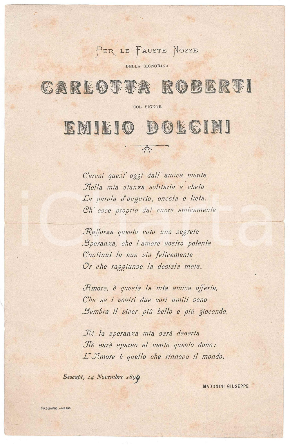 Documento originale, autentico 1899 BASCAPÃˆ Nozze Carlotta ROBERTI e Emilio DOLCINI Poesia di Giuseppe MADONINI 1