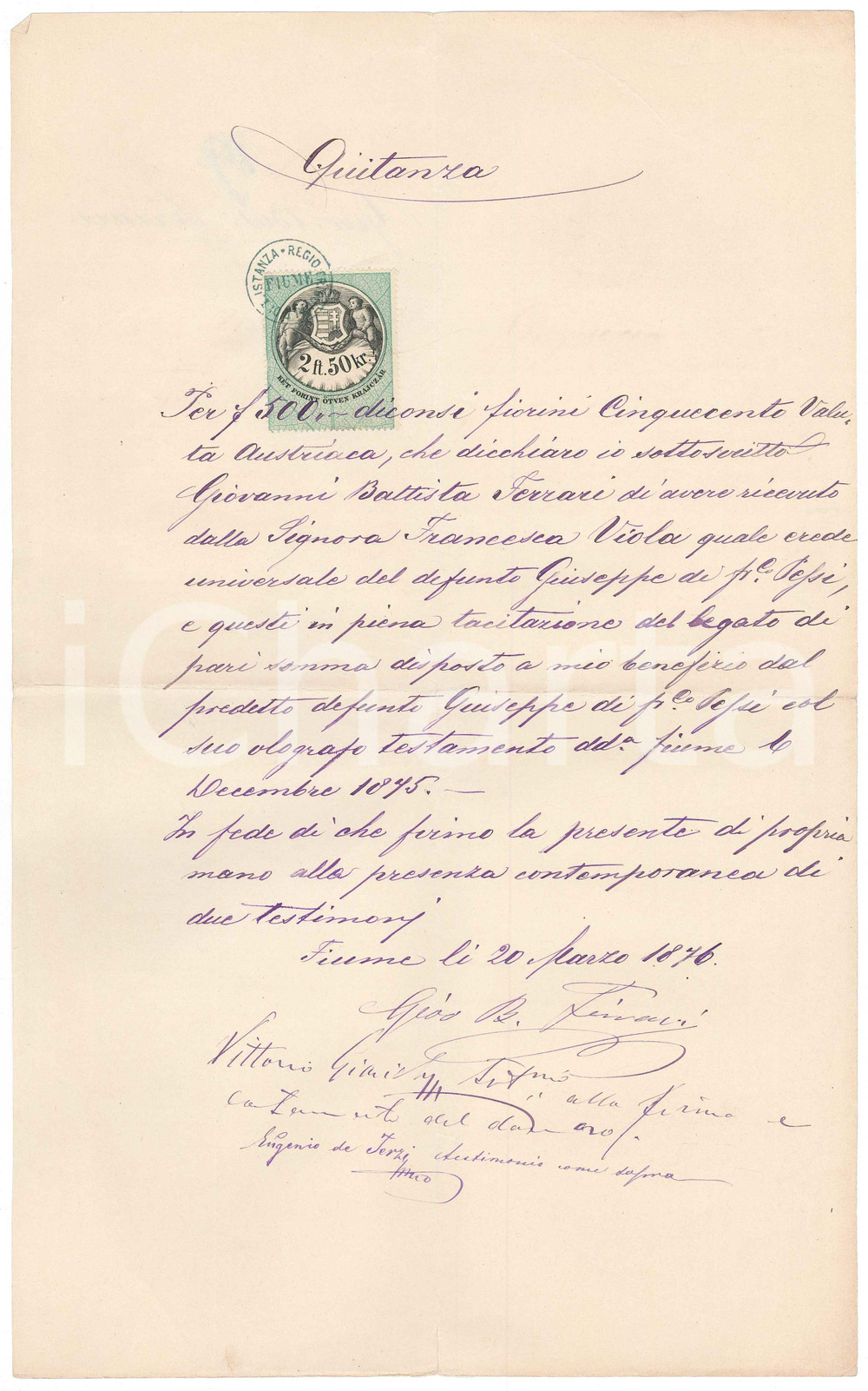 1876 FIUME (Impero Asburgico) Quietanza Giovanni Battista FERRARI per legato