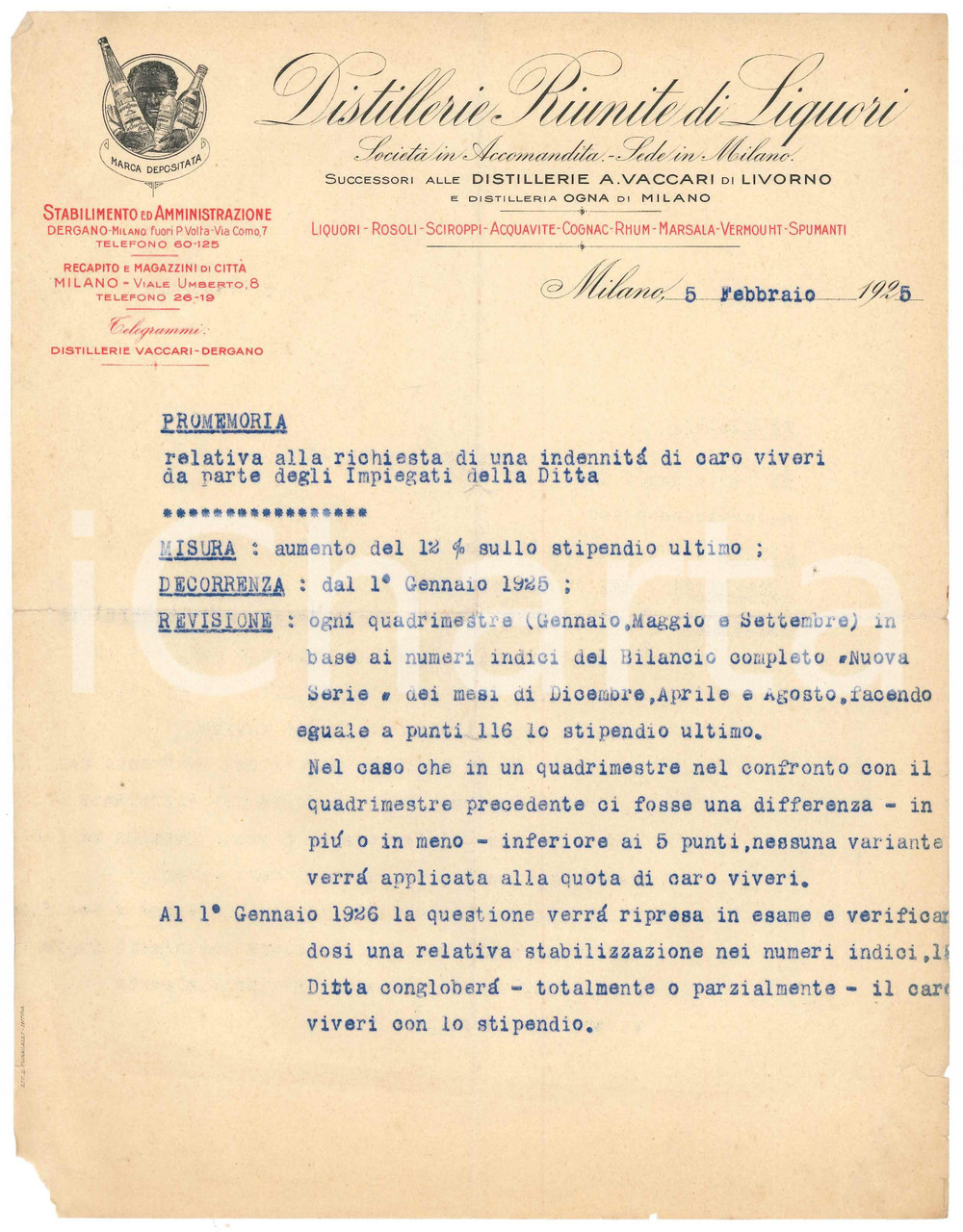 Manoscritto, lettera originale 1925 MILANO Distillerie Riunite di Liquori  Promemoria caro viveri 1