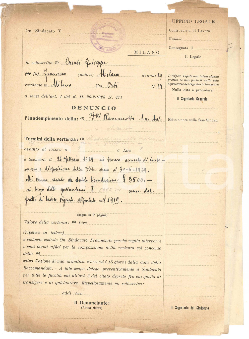 1929 MILANO Vertenza sindacale Giuseppe CASATI vs Soc. An. F.lli RAMAZZOTTI