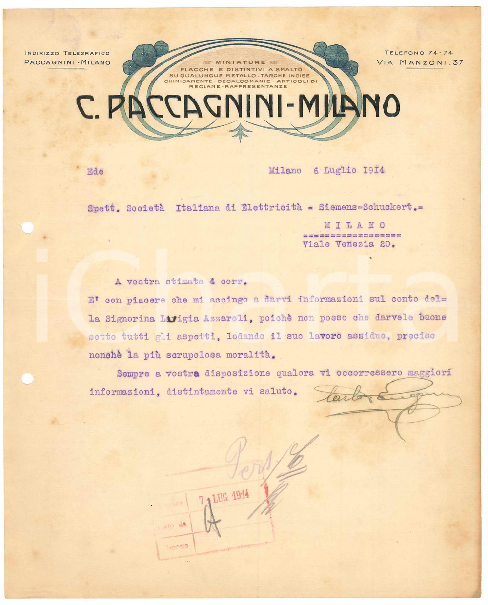 Manoscritto, lettera originale 1914 MILANO via Manzoni 37  Ditta C. PACCAGNINI  Lettera referenze Autografo 1