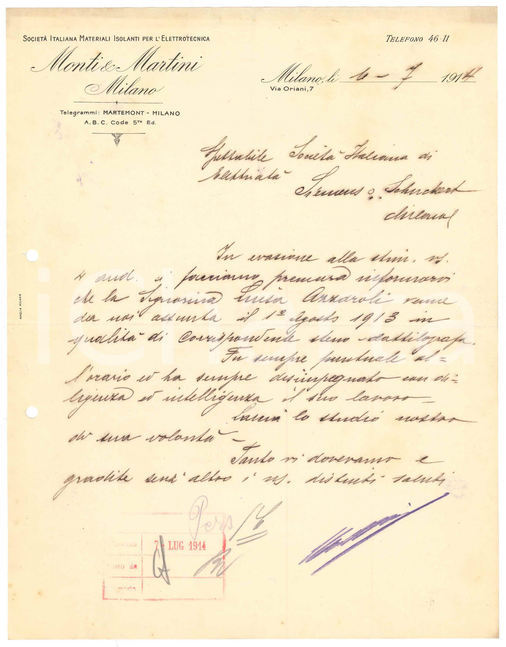 Manoscritto, lettera originale 1914 MILANO via Oriani 7  Ditta MONTI & MARTINI isolanti  Lettera referenze 1