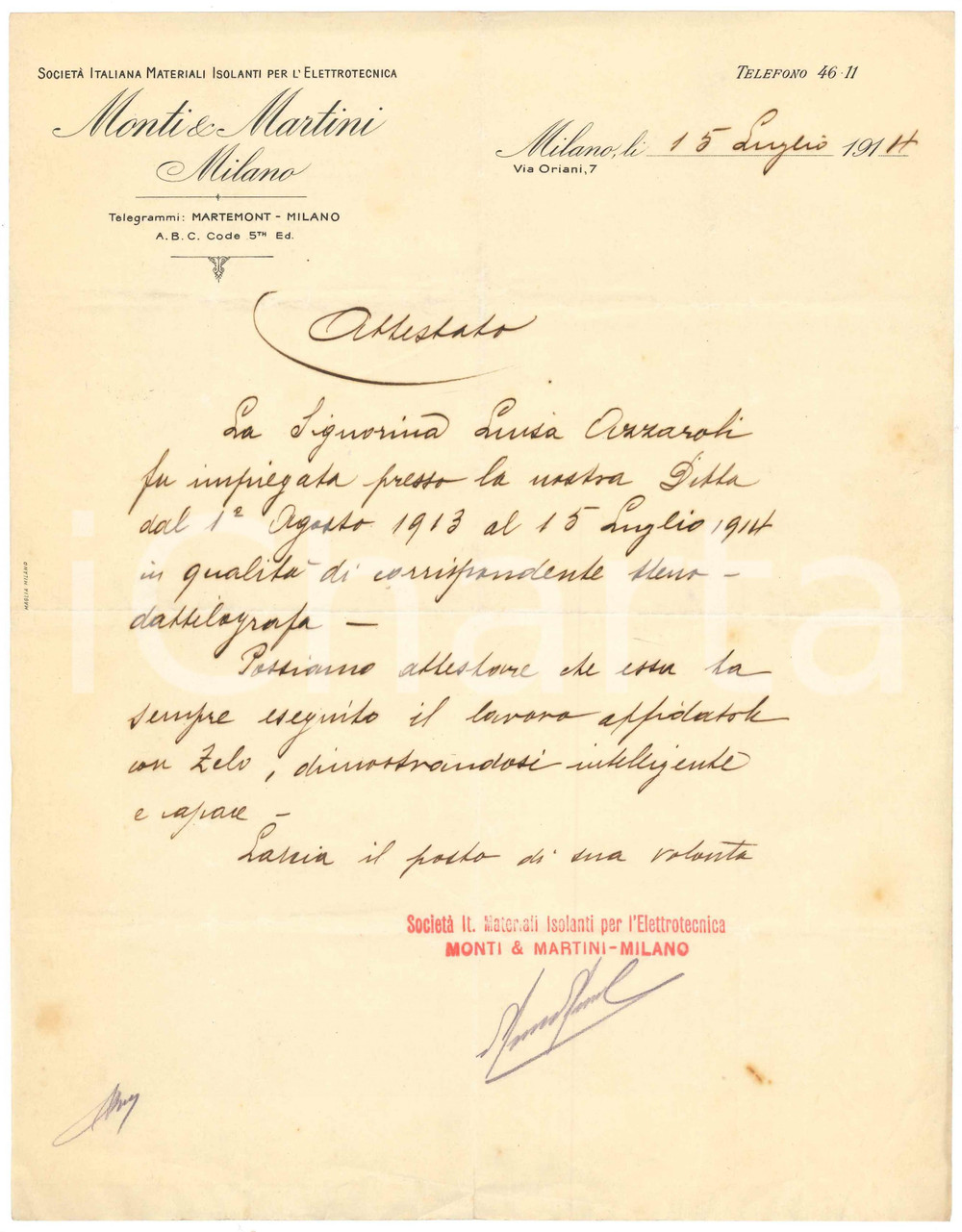 Manoscritto, lettera originale 1914 MILANO via Oriani 7  Ditta MONTI & MARTINI isolanti  Lettera di referenze 1