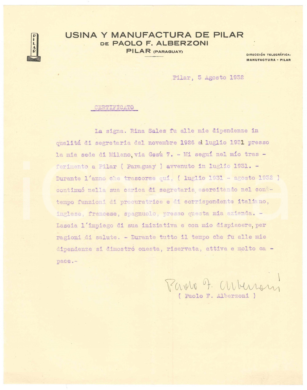 Manoscritto, lettera originale 1932 Usina y Manufactura de PILAR PARAGUAY Lettera Paolo ALBERZONI Autografo 1