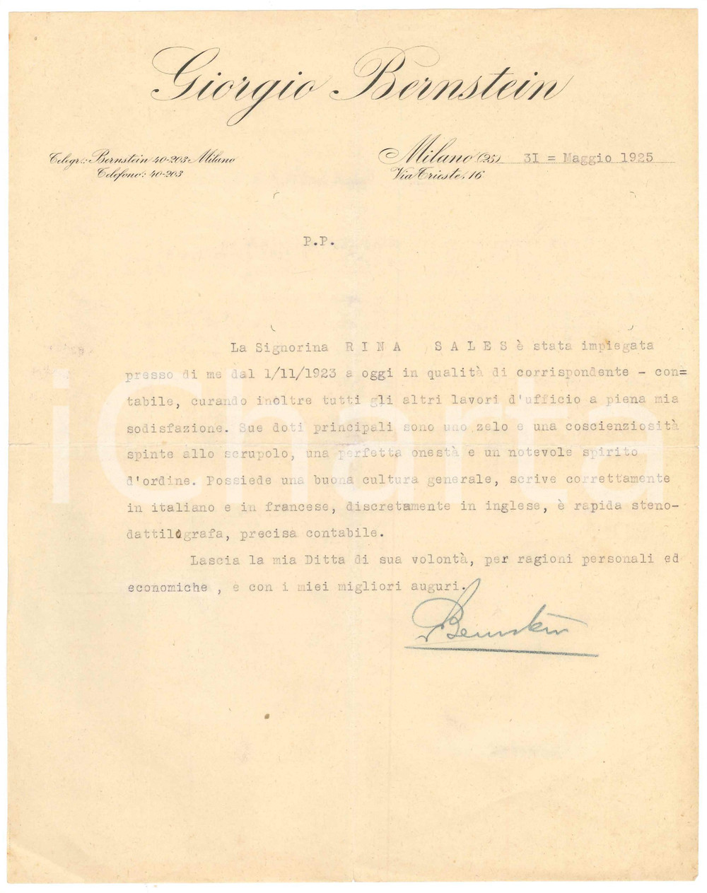 Manoscritto, lettera originale 1925 MILANO Ditta Giorgio BERNSTEIN  Lettera di referenze Autografo 1