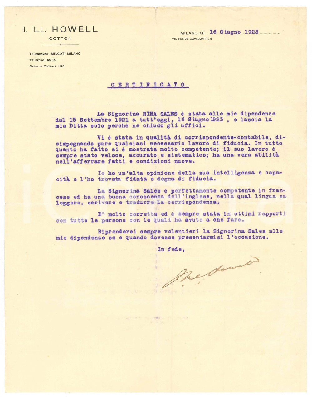 Manoscritto, lettera originale 1923 MILANO via Cavallotti  Ditta I. LL. HOWELL  Lettera referenze Autografo 1