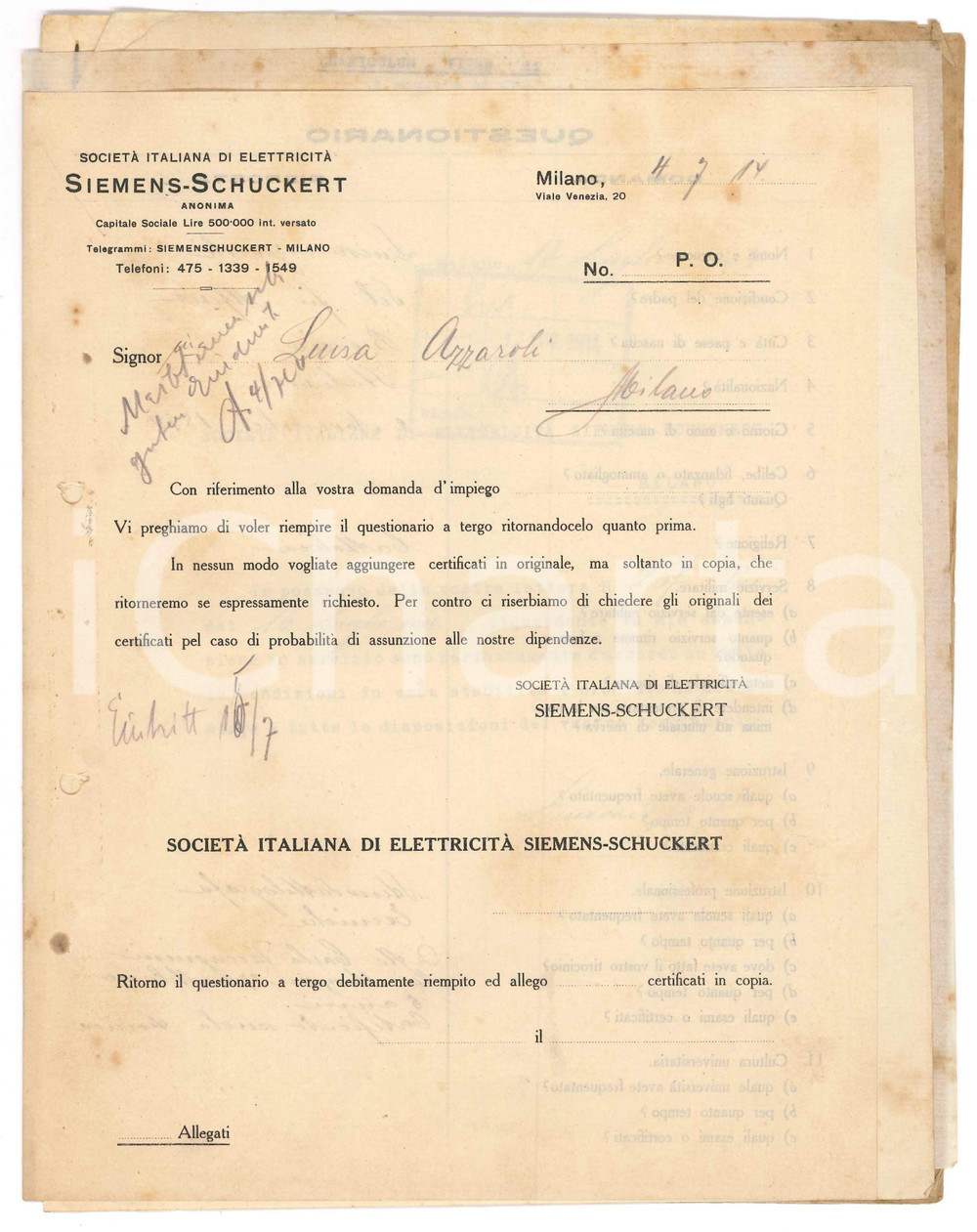 Documento originale, autentico 1914 MILANO SocietÃ  ElettricitÃ  SIEMENSSCHUCKERT  Fascicolo domanda d impiego 1