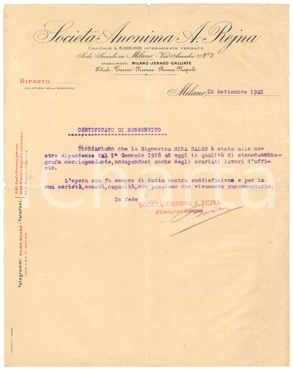 1921 MILANO Società Italiana Specialità PARMA LANDRIANI - Certificato benservito