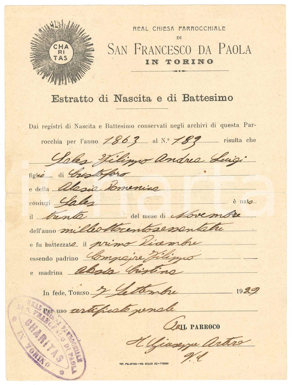 Documento originale, autentico 1929 TORINO Filippo Andrea Luigi SALES  Certificato di nascita e battesimo 1