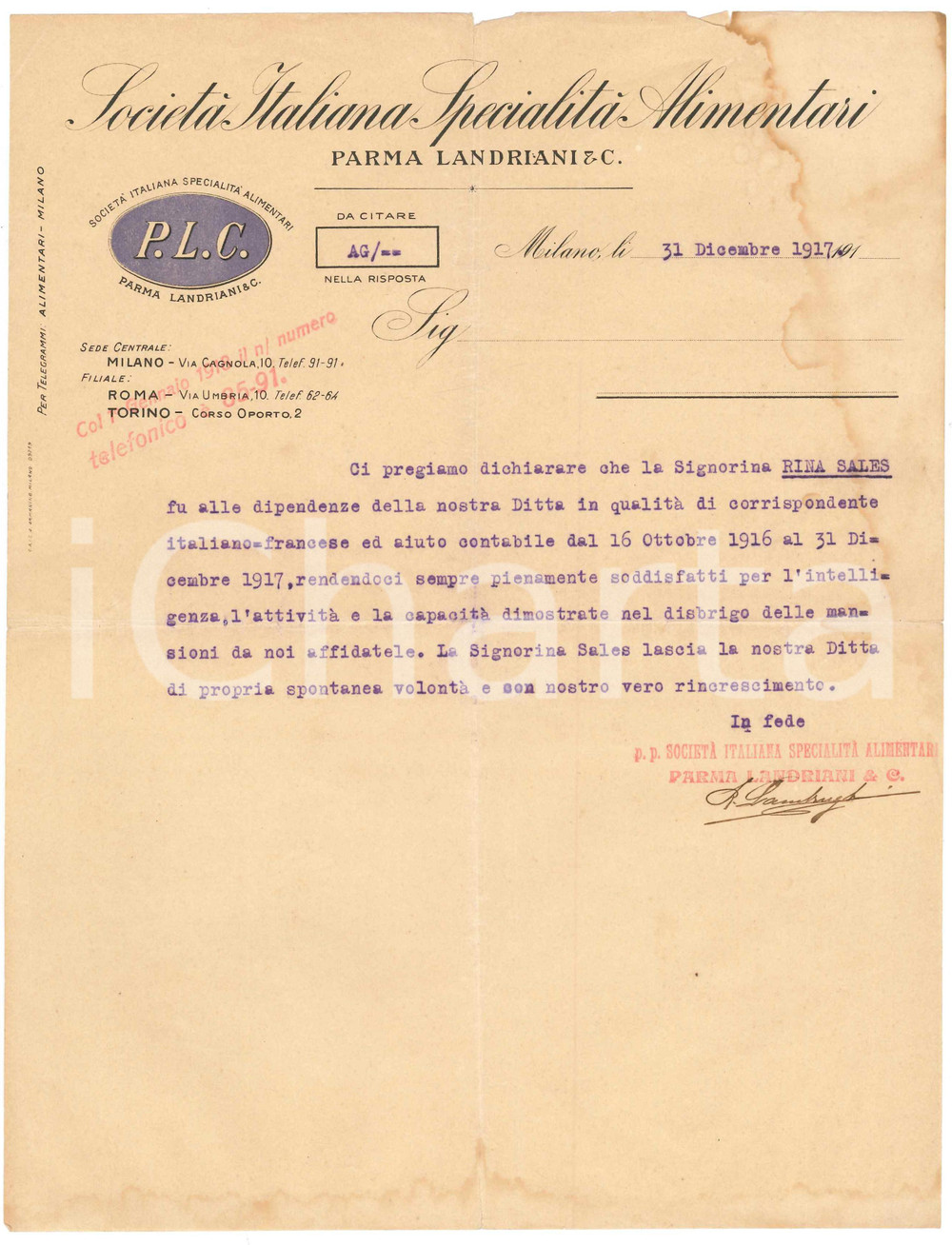 Manoscritto, lettera originale 1917 MILANO SocietÃ  Italiana SpecialitÃ  PARMA LANDRIANI  Lettera referenze 1